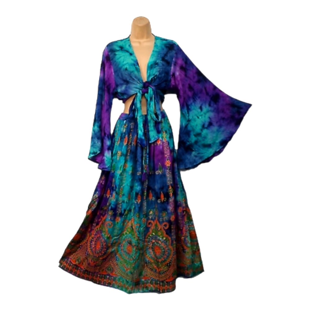 Boho 2 Piece Blue & Purple Tie Dye Top & Skirt Set